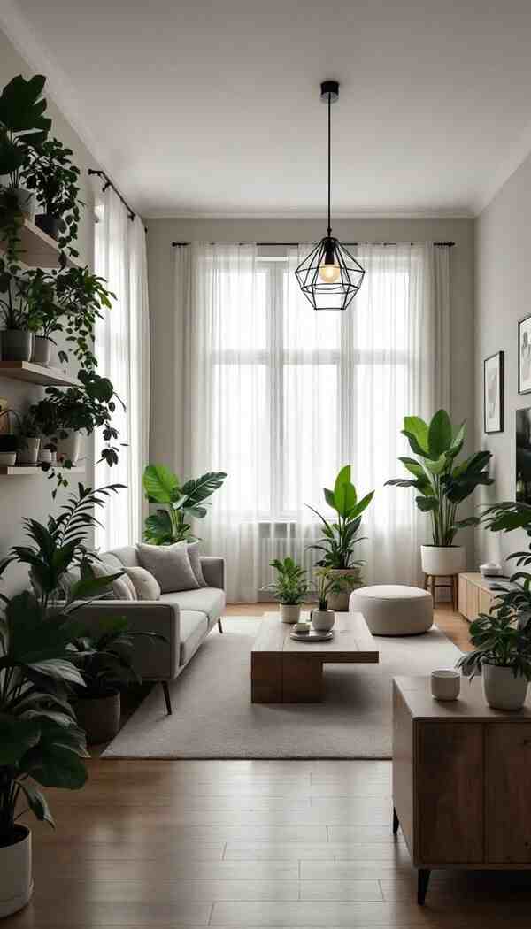 Espacio interior luminoso y ordenado con plantas, pensado para una pausa tranquila